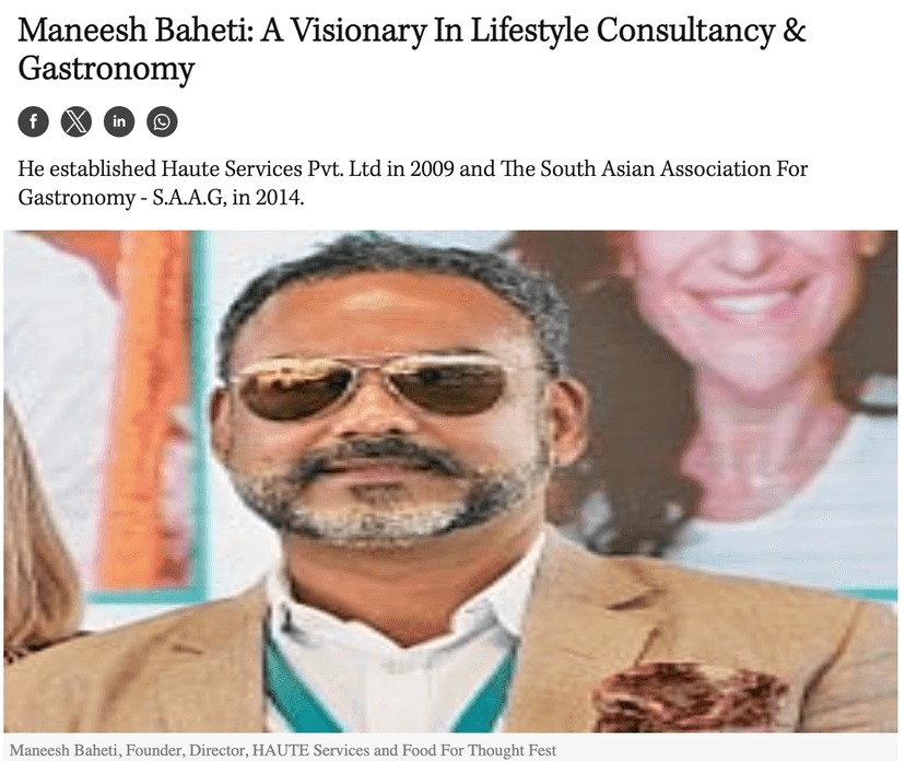 Maneesh Baheti – A Visionary in Lifestyle Consultancy & Gastronomy - Outlook India Jan 2024, Haute Services media coverage